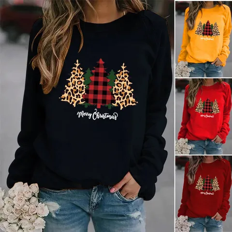 Merry Christmas Dames Sweatshirt Luipaard Ruit Boom Grafische Print Ronde Hals Lange Mouw Casual Feestelijke Polyester Top