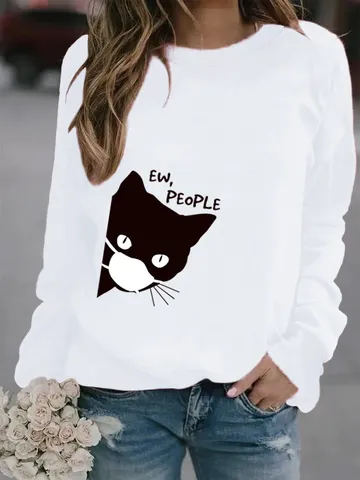 Felpa da Donna Casual a Girocollo a Maniche Lunghe in Poliestere con Stampa Gatto Ew People Grafica Pullover Streetwear per Donna