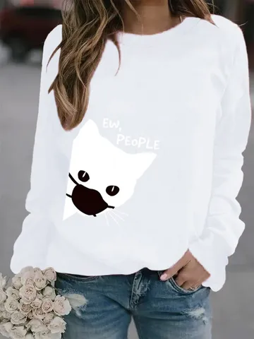 Felpa da Donna Girocollo Con Grafica Gatto Con Mascherina EW PEOPLE Stampa Manica Lunga In Poliestere Top Casual