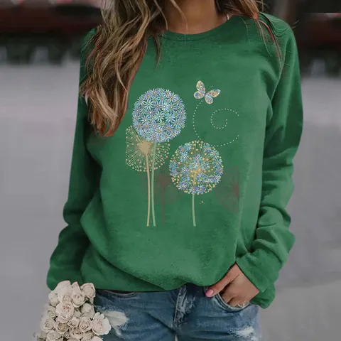 Sudadera Casual para Mujer Estampado de Diente de León y Mariposa Top de Manga Larga Cuello Redondo Corte Holgado Mezcla de Algodón Ropa de Mujer
