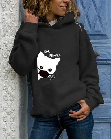 Felpa con Cappuccio da Donna Casual in Poliestere a Maniche Lunghe Ew People Gatto Stampa Grafica Streetwear con Tasca