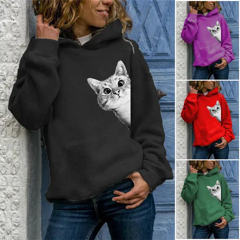Women's Casual Polyester Long Sleeve Hooded Sweatshirt Cute Cat Animal Print Pullover Hoodie With Kangaroo Pocket Regular Fit