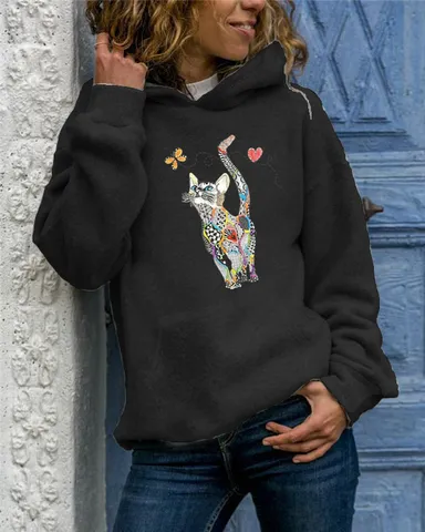 Women Abstract Animal Cat Print Hooded Sweatshirt Casual Long Sleeve Pullover Hoodie With Kangaroo Pocket Polyester Top