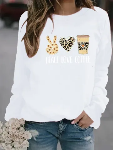 Dames Luipaardprint Dierenprint Sweatshirt Polyester Lange Mouwen Ronde Hals Casual Pullover Top Peace Love Coffee Grafisch Jumper