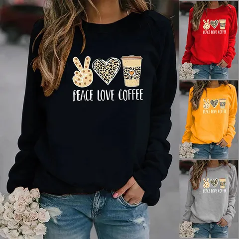 Dames Luipaardprint Dierenprint Sweatshirt Polyester Lange Mouwen Ronde Hals Casual Pullover Top Peace Love Coffee Grafisch Jumper