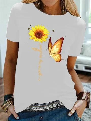 Dames T-Shirt met Zonnebloem en Vlinder Print Ronde Hals Korte Mouwen Polyester Casual Top Graphic Tee