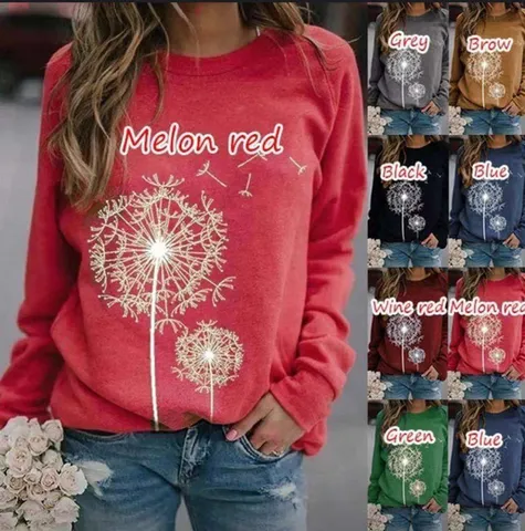Damen Urban Lässig Westlicher Stil Löwenzahn Bedruckt Rundhals Langarm Locker Polyester Top Sweatshirt Für Den Alltag