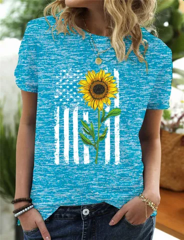 Women Casual Sunflower American Flag Print T-Shirt Round Neck Short Sleeve Polyester Heather T-Shirt Summer Women Top