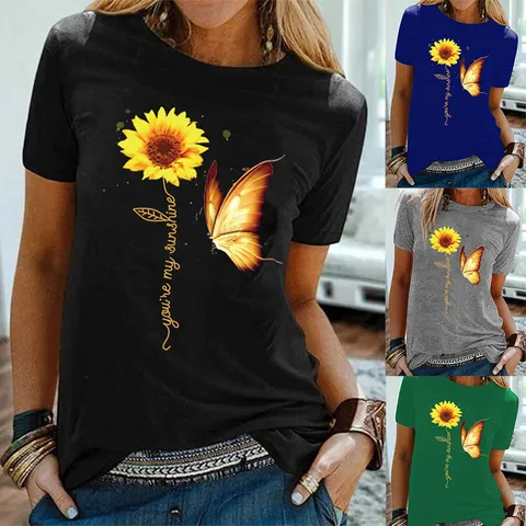 Dames T-Shirt met Zonnebloem en Vlinder Print Ronde Hals Korte Mouwen Polyester Casual Top Graphic Tee