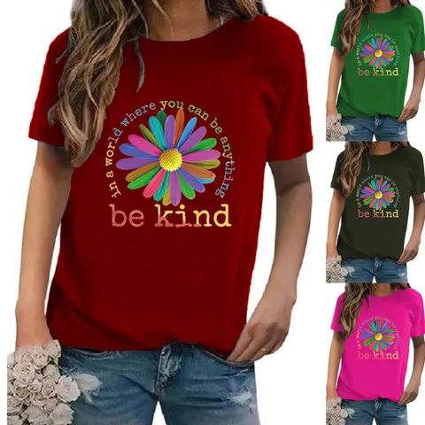Γυναικείο T-Shirt με Στρογγυλή Λαιμόκοψη και Κοντό Μανίκι με Τύπωμα Μαργαρίτας και Γραμμάτων Casual Streetwear Πολυεστέρας