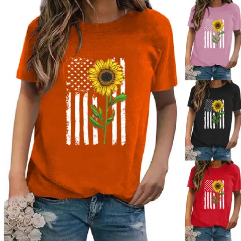 Women's Polyester T-Shirt Casual Round Neck Short Sleeve Top With Sunflower American Flag Print Streetwear Summer Tee For Women