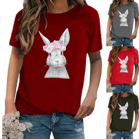 Haut Femmes Col Rond Manches Courtes Polyester Streetwear T-Shirt Imprimé Lapin Fleurs Tee-Shirt Graphique Pour Femmes Été Quotidien