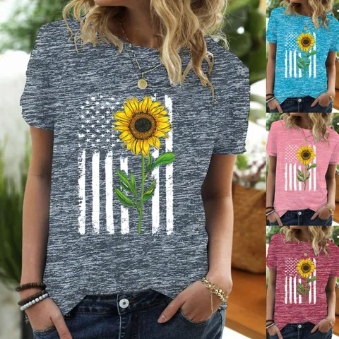 Women Casual Sunflower American Flag Print T-Shirt Round Neck Short Sleeve Polyester Heather T-Shirt Summer Women Top