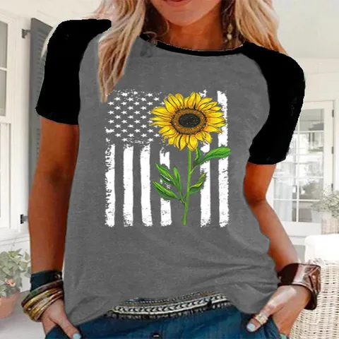 Γυναικείο Casual T-Shirt με Κοντό Μανίκι Ραγκλάν Τύπωμα Ηλιοτρόπιο Σημαία Modal Pullover Top Ρετρό Πατριωτικό Streetwear Καλοκαιρινό Tee για Γυναίκες