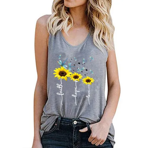 Women Summer Racerback Tank Top Sunflower Dragonfly Faith Hope Love Printed Sleeveless Polyester Casual Vest Top