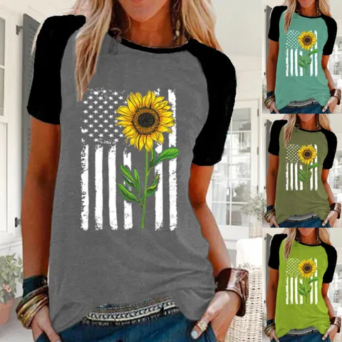 Γυναικείο Casual T-Shirt με Κοντό Μανίκι Ραγκλάν Τύπωμα Ηλιοτρόπιο Σημαία Modal Pullover Top Ρετρό Πατριωτικό Streetwear Καλοκαιρινό Tee για Γυναίκες