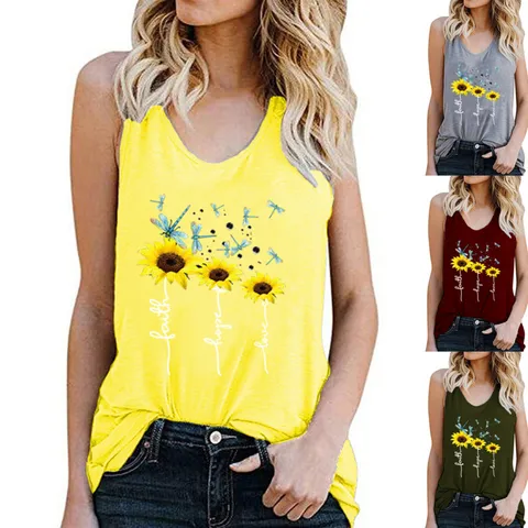 Women Summer Racerback Tank Top Sunflower Dragonfly Faith Hope Love Printed Sleeveless Polyester Casual Vest Top