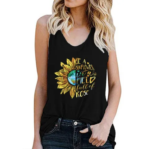 Women's Summer Sunflower Earth Graphic Print Racerback Tank Top Casual Sleeveless Polyester Round Neck Letter Print Vest Top