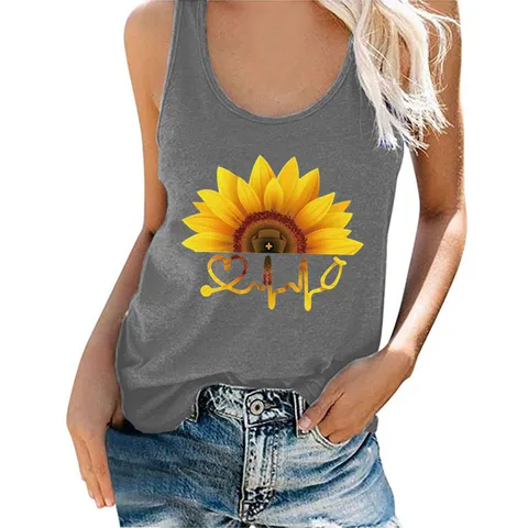 Women Sunflower Heartbeat Graphic Print Tank Top Sleeveless Polyester Racerback Summer Casual Top Vest For Women