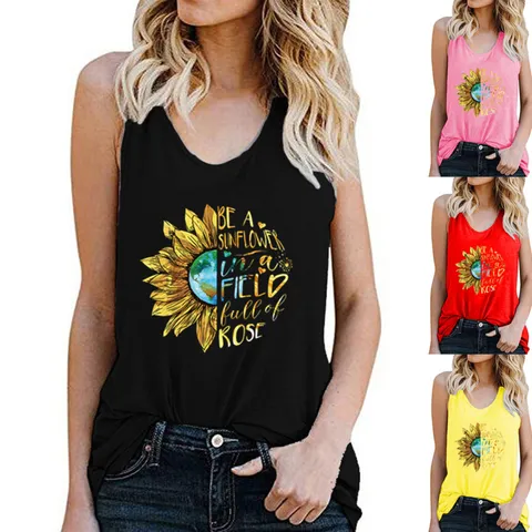 Women's Summer Sunflower Earth Graphic Print Racerback Tank Top Casual Sleeveless Polyester Round Neck Letter Print Vest Top