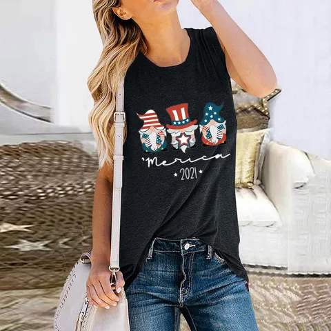 Independence Day Gnomes Tank Top For Women America 2021 Graphic Sleeveless T-Shirt Patriotic Printed Round Neck Casual Summer Vest Top