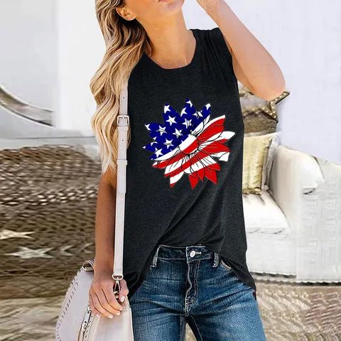 Women Independence Day Sunflower American Flag Print Tank Top Round Neck Sleeveless Casual Polyester Summer Top