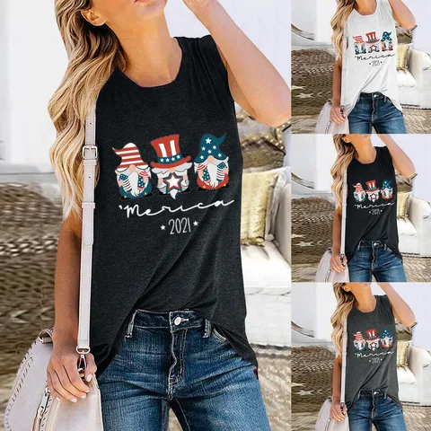 Independence Day Gnomes Tank Top For Women America 2021 Graphic Sleeveless T-Shirt Patriotic Printed Round Neck Casual Summer Vest Top