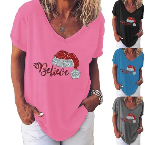 Dames Kerstmis V-Hals T-Shirt met Korte Mouwen Believe Letter Kerstmuts Glitzer Print Casual Feestdagen Mode Top