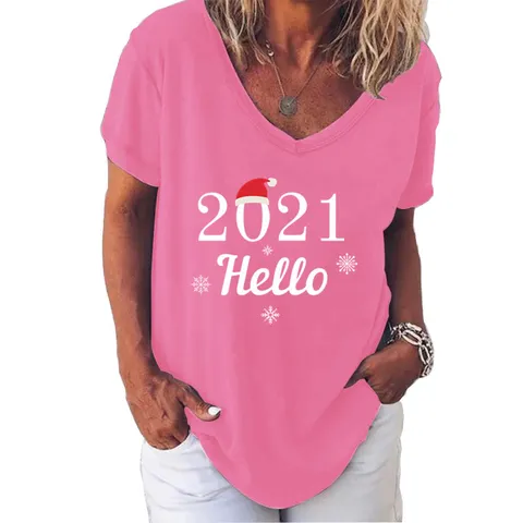 Dames Kerstmis V-hals Korte Mouw T-Shirt 2021 Hello Bedrukt Grafische Sneeuwvlok Kerstmuts Losse Casual Vakantie Top