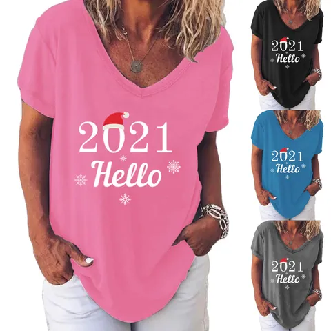 Dames Kerstmis V-hals Korte Mouw T-Shirt 2021 Hello Bedrukt Grafische Sneeuwvlok Kerstmuts Losse Casual Vakantie Top