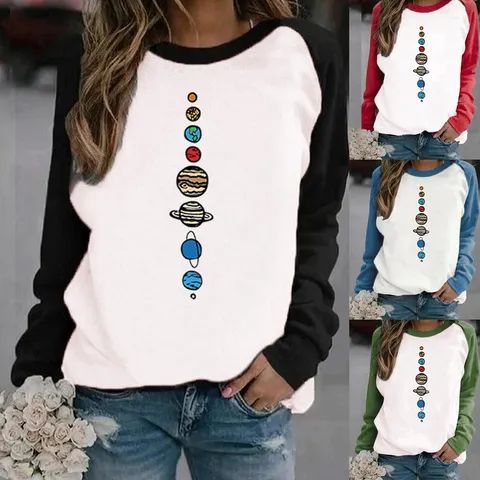 Γυναικείο Casual Hoodie με Επένδυση Fleece Μανίκια Ραγκλάν Εκτύπωση Πλανήτες Ηλιακού Συστήματος Πουλόβερ Patchwork Χρωμάτων Top