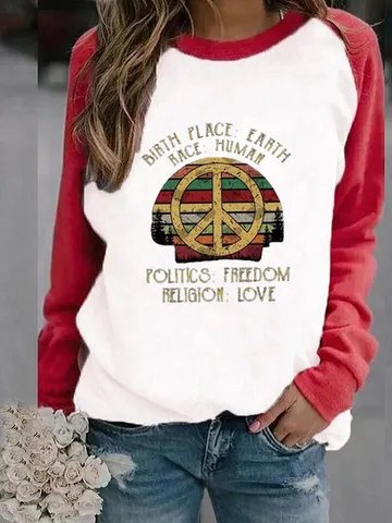 Women Casual Raglan Sleeve Fleece Sweatshirt Printed Peace Sign Pullover Winter Warm Polyester Top Retro Streetwear Clothing