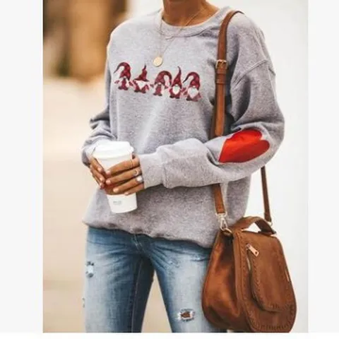 Women Christmas Gnome Printed Sweatshirt Polyester Casual Loose Round Neck Top With Plaid Heart Elbow Patches Gray Pullover