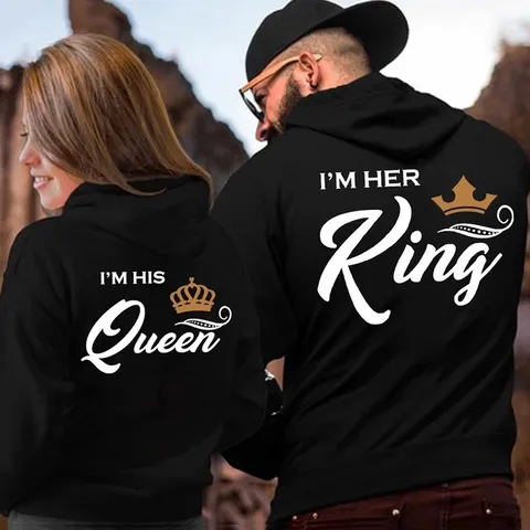 Φούτερ για Ζευγάρια για Άνδρες Γυναίκες King Queen Τύπωμα Μαύρο Μακρυμάνικο Casual Πουλόβερ Φούτερ με Κουκούλα Urban Style Graphic Hoodies
