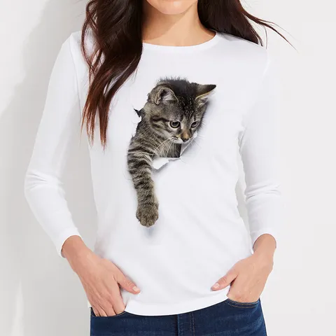 Women 3D Cat Print Long Sleeve T-Shirt Casual Raglan Modal Crew Neck Top Ripped Effect Animal Graphic Tee White Streetwear
