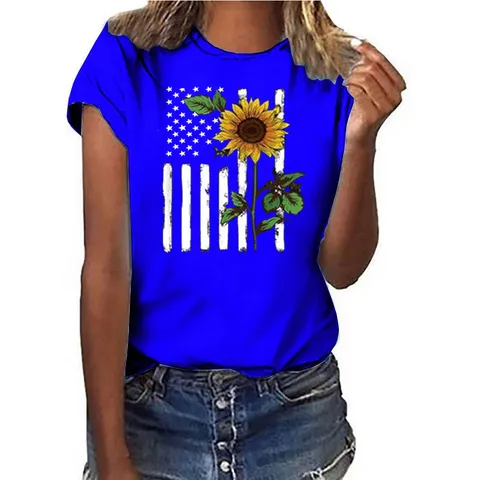 Women Sunflower American Flag Print T-Shirt Round Neck Short Sleeve Polyester Casual Summer Top Lightweight Daily Wear Shirt