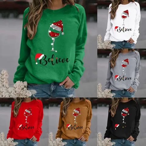 Women's Christmas Sweatshirt Believe Wine Glass Graphic Print Long Sleeve Round Neck Polyester Streetwear Pullover Festive Casual Top
