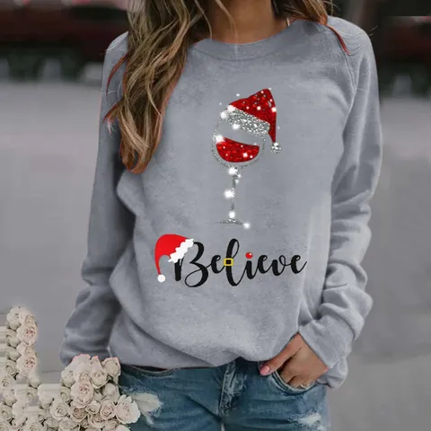 Women's Christmas Sweatshirt Believe Wine Glass Graphic Print Long Sleeve Round Neck Polyester Streetwear Pullover Festive Casual Top