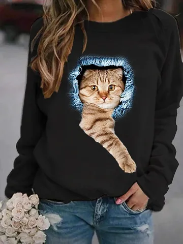 Sudadera Pullover para Hombre Estampado de Gato 3D Cuello Redondo Forro de Felpa Poliéster Casual Manga Larga Otoño