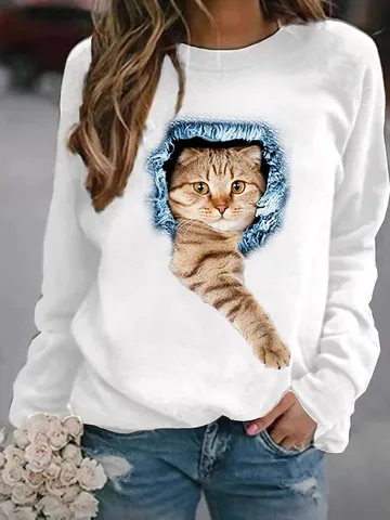 Sudadera Pullover para Hombre Estampado de Gato 3D Cuello Redondo Forro de Felpa Poliéster Casual Manga Larga Otoño