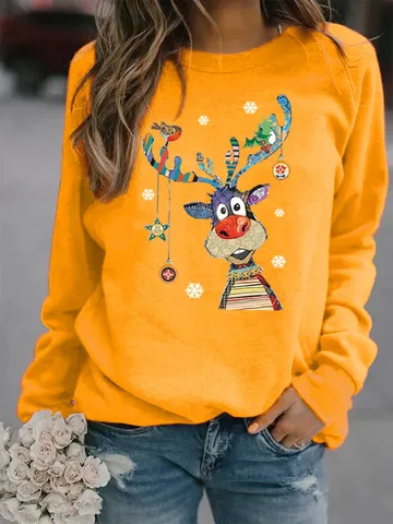 Christmas Elk Printed Fleece Lined Sweatshirt Round Neck Long Sleeve Pullover For Men Women Casual Festival Top
