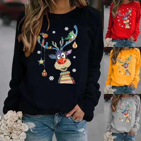 Christmas Elk Printed Fleece Lined Sweatshirt Round Neck Long Sleeve Pullover For Men Women Casual Festival Top