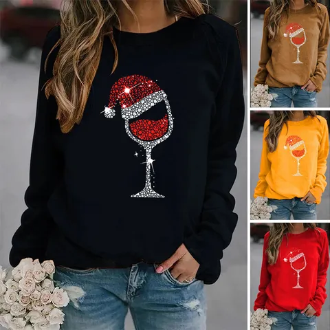 Women's Christmas Creative Wine Glass Printed Sweatshirt Casual Long Sleeve Round Neck Pullover Top Holiday Fashion Clothes