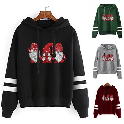 Sweat à Capuche Unisexe Imprimé Gnomes de Noël Manches à Doubles Rayures Polyester Sweat Casual Style Preppy Pullover Top