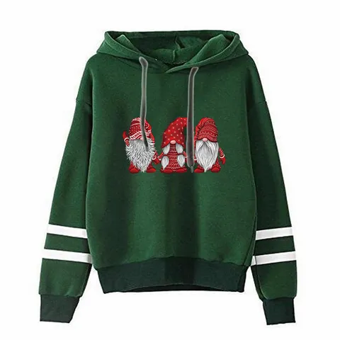 Sweat à Capuche Unisexe Imprimé Gnomes de Noël Manches à Doubles Rayures Polyester Sweat Casual Style Preppy Pullover Top