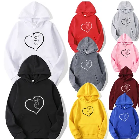 Women Cat Heart Line Print Angora Hoodie Loose Casual Pullover Long Sleeve Sweatshirt Autumn Winter Hooded Top
