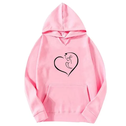 Women Cat Heart Line Print Angora Hoodie Loose Casual Pullover Long Sleeve Sweatshirt Autumn Winter Hooded Top