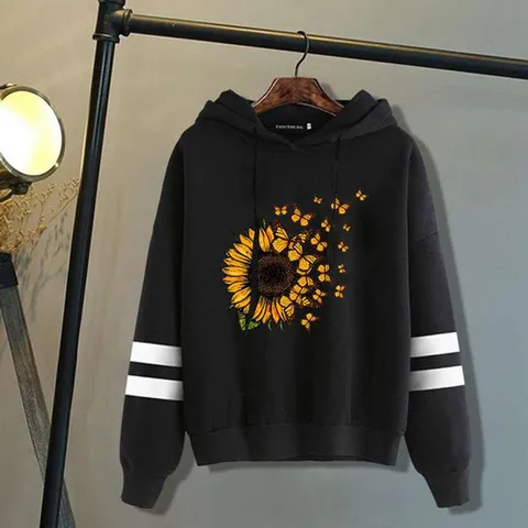 Women's Casual Loose Hooded Sweatshirt Rabbit Hair Corduroy Sunflower Butterfly Print Pullover Stripe Long Sleeve Top