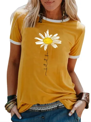 Women's Casual Yellow T-Shirt Daisy Flower Graphic Print Short Sleeve Contrast Trim Round Neck Polyester Pullover Top