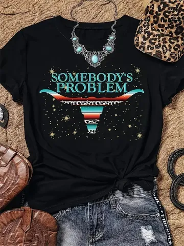 Women's Western Vintage Cow Skull Graphic Top Somebody's Problem Letter Print Polyester Round Neck Short Sleeve T-Shirt